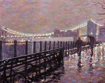 Rainy Evening, Brooklyn Promenade, - fine art giclée print of an original Impressionist painting by Robert Padovano