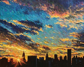 Manhattan Sunset, - Fine Art Giclée Druck eines original impressionistischen Gemäldes von Robert Padovano