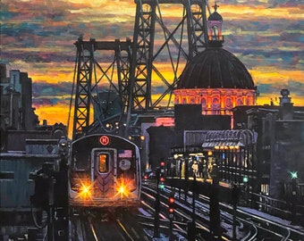 Williamsburg Bridge, View from Marcy Avenue Station, - fine art giclée print of an original Impressionist painting by Robert Padovano