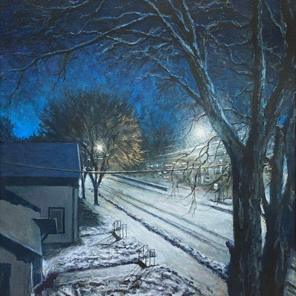 Snowy Streets at Night, Chestertown - Fine Art Giclée of an Original Painting by Robert Padovano