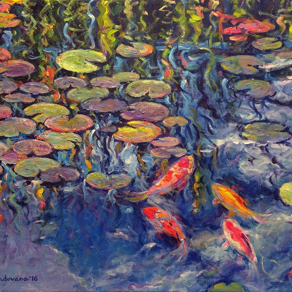 Lily Pads and Koi, - Fine Art Giclee Print of an original Impressionist painting by Robert Padovano