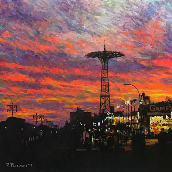 Red Sunset, Coney Island, - fine art giclée print of an original Impressionist painting by Robert Padovano