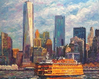 Freedom Tower and Ferry, - fine art giclée print of an original Impressionist painting by Robert Padovano