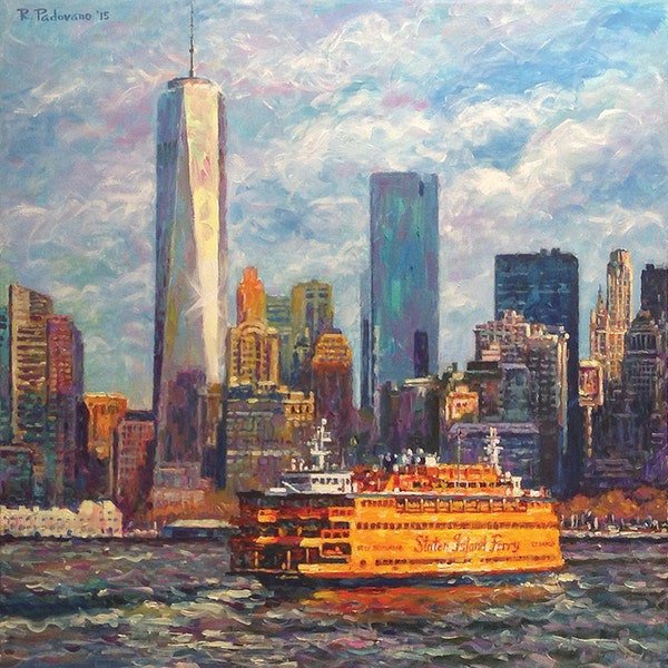 Freedom Tower and Ferry, - fine art giclée print of an original Impressionist painting by Robert Padovano