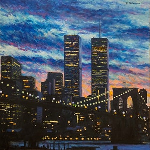 Twin Towers at Dusk - stampa giclée d&#39;arte di un dipinto impressionista originale di Robert Padovano