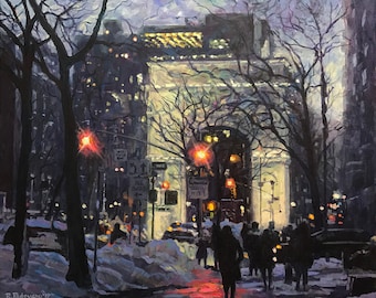 Winter Twilight Washington Square - fine art giclée print of an original Impressionist painting by Robert Padovano,