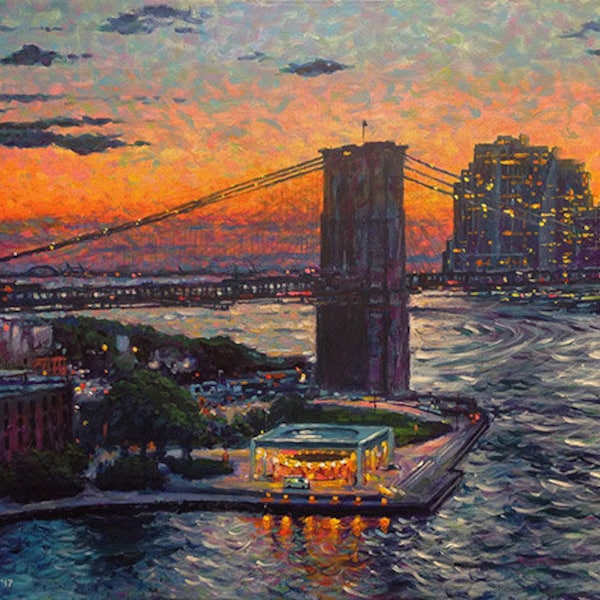 Dusk, Brooklyn Bridge Park, - fine art giclée print of an original Impressionist painting by Robert Padovano