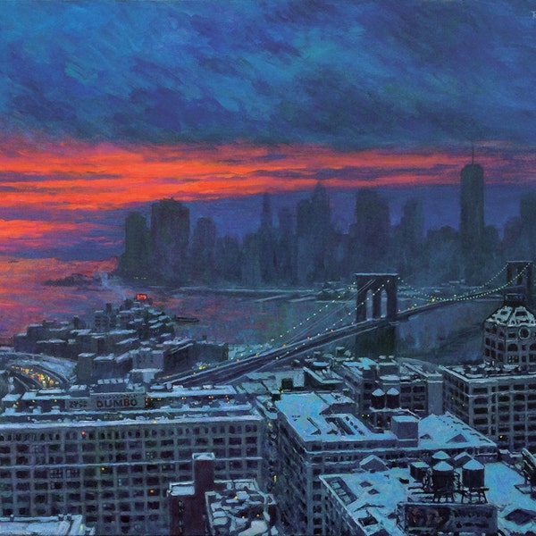 Winter Sunset, View from Brooklyn, - fine art giclée print of an original Impressionist painting by Robert Padovano