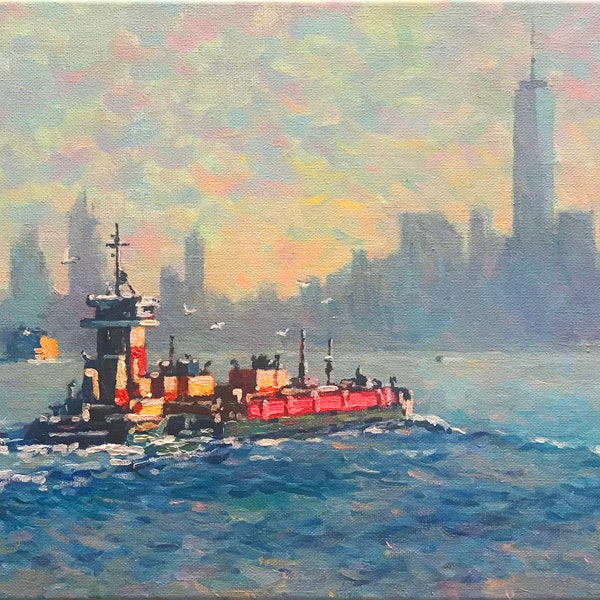 Morning Tug and Barge - fine art giclée print of an original Impressionist painting by Robert Padovano