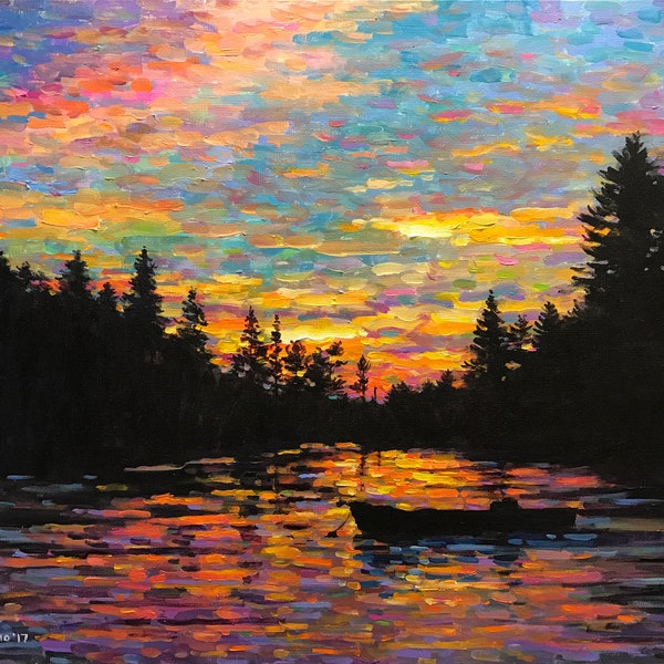 Lakeside Sunset, - Original Impressionist painting by Robert Padovano, 22x28", acrylic on canvas