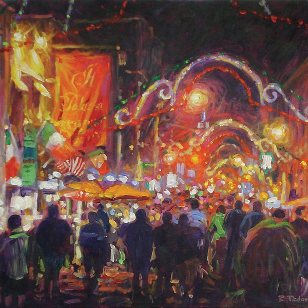 Mulberry Street at Night, Little Italy, - fine art giclée print of an original Impressionist painting by Robert Padovano