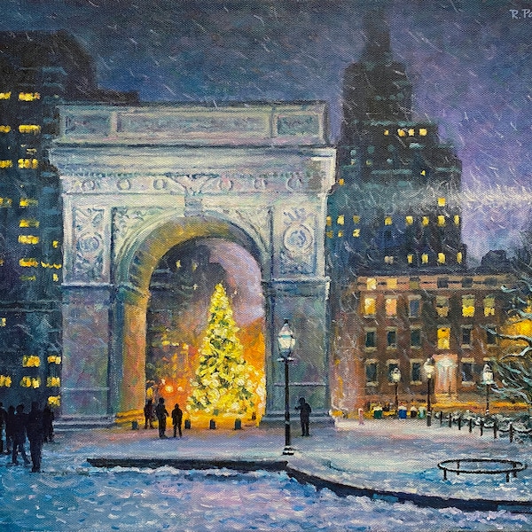 Wind and Snow, Washington Square - Original Impressionist Painting by Robert Padovano, 16x20"