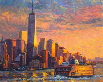 Freedom Tower and Ferry, Golden Sky - fine art giclée print of an original Impressionist painting by Robert Padovano