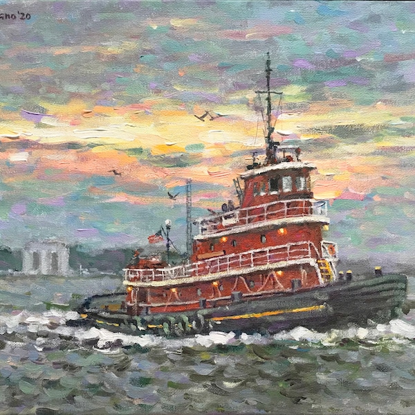 Moran Tug, Overcast Skies - fine art giclée print of an original Impressionist painting by Robert Padovano