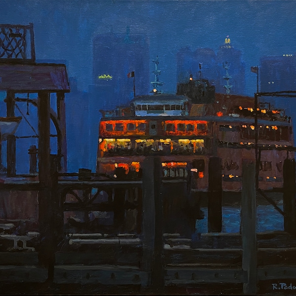 Approaching South Ferry - Original Impressionist Painting by Robert Padovano, Framed - total size 21x25"