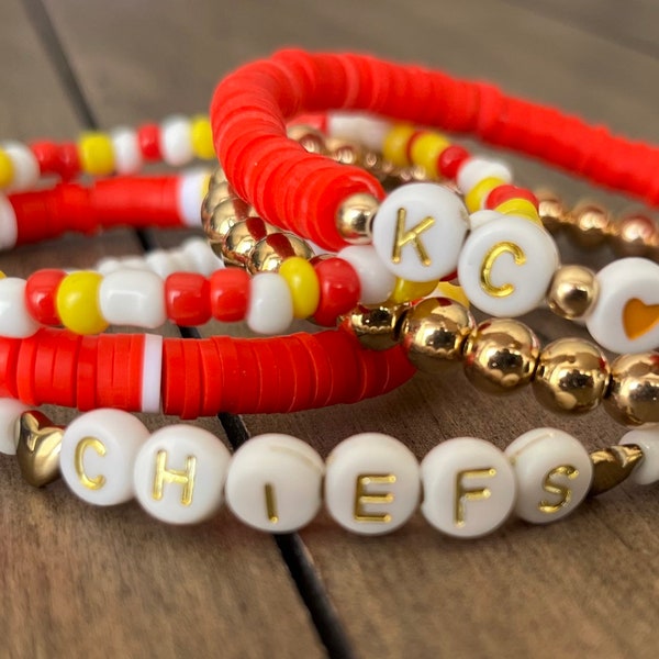 Kansas City Chiefs Beaded Bracelet Stack l KC Chiefs Bracelet Set l Chiefs Bracelet Stack l KC Stretchable Bracelets