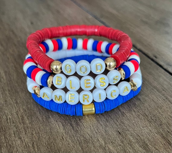 God Bless America Clay Bead Bracelet Stack L USA Bracelet Stack L Patriotic  Beaded Bracelet Stack L 4th of July Bracelet Set 