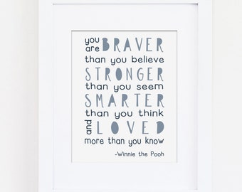 You Are Braver Than You Believe Nursery Art Print, Winnie the Pooh Quote, Blue Nursery Wall Art, Navy Nursery Decor, Kids Bedroom Art