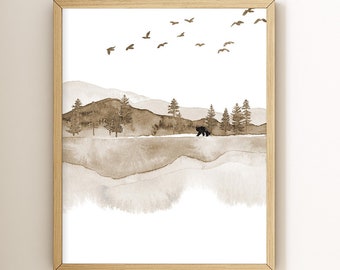 Mountain Nursery Art, Watercolor Art Print, Neutral Nursery, Kids Wall Art, Woodland Nursery Theme, Printable, Instant Download, Bear Art