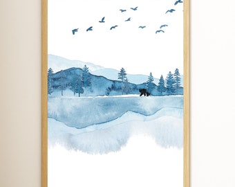 Watercolor Mountain Wall Art Prints, Blue Mountains, Forest Watercolor, Instant Download, Nursery Art, Home Art, Bathroom Decor, Trees