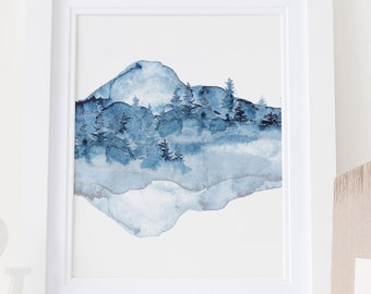 Watercolor Mountain Wall Art Prints, Blue Mountains, Bathroom Decor, Forest Watercolor, Instant Download, Nursery Art, Home Art