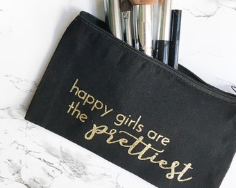 Happy Girls are the Prettiest Canvas Jewelry Bag, Makeup Bags for Girls, Christmas Present, Hanukkah Gift, Back to School, Small Pouch