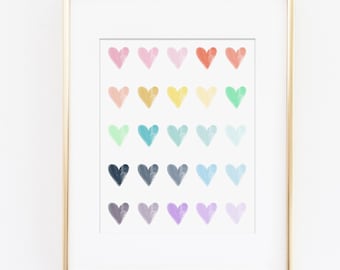 Rainbow Hearts, Watercolor Art Print, Rainbow Nursery Art, Kids Wall Art, Pastel Rainbow Bedroom, Rainbow Art Print, Instant Download