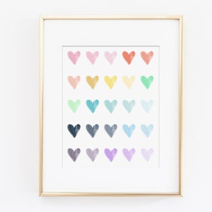 Rainbow Hearts, Watercolor Art Print, Rainbow Nursery Art, Kids Wall Art, Pastel Rainbow Bedroom, Rainbow Art Print, Instant Download