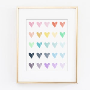 Rainbow Hearts, Watercolor Art Print, Rainbow Nursery Art, Kids Wall Art, Pastel Rainbow Bedroom, Rainbow Art Print, Instant Download image 1