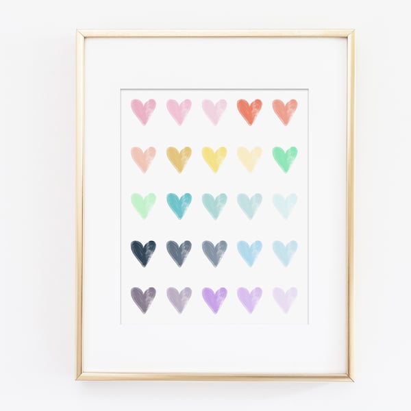 Rainbow Hearts, Watercolor Art Print, Rainbow Nursery Art, Kids Wall Art, Pastel Rainbow Bedroom, Rainbow Art Print, Instant Download