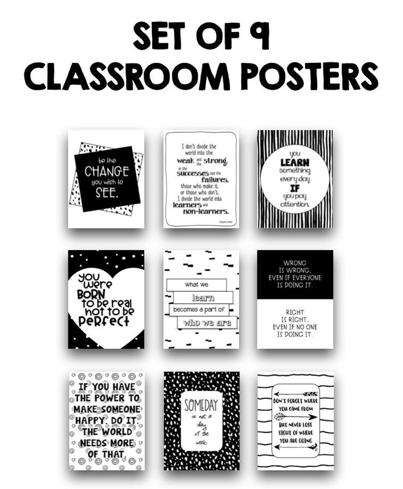 Op de afbeelding: Set van negen zwart-witte klaslokaalposters met inspirerende citaten. De posters hebben verschillende patronen en ontwerpen, waaronder stippen, strepen en harten.
