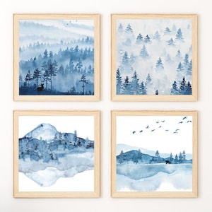 水彩画の山の家のアートプリント、青い山、鹿と熊のシルエット、森の水彩画、即時ダウンロード、保育園のアート