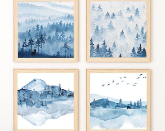 Watercolor Mountain Home Art Prints, Blue Mountains, Deer and Bear Silhouette, Forest Watercolor, Instant Download, Nursery Art