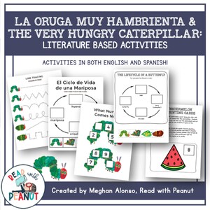 May include: A set of printable educational activities for children based on the book "The Very Hungry Caterpillar" by Eric Carle. The activities include line tracing, a life cycle of a butterfly diagram, a counting activity, and watermelon counting cards. The activities are in both English and Spanish.