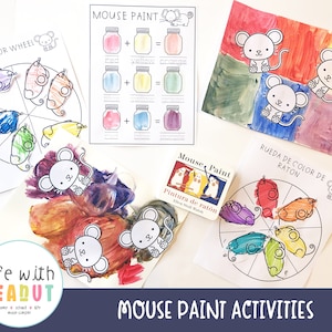 Puede incluir: Un conjunto de actividades de pintura de ratón imprimibles para niños. El conjunto incluye una rueda de colores, una tabla de mezcla de colores y una página en blanco para que los niños puedan pintar sus propios ratones. El texto en la página dice "Actividades de pintura de ratón".