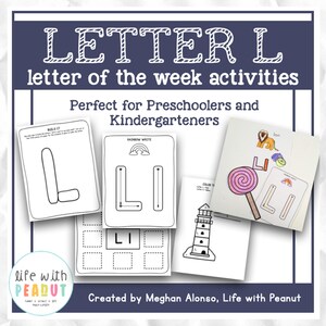 Plan de estudios de la letra de la semana para preescolar, actividades y manualidades de la letra L, trabajo matutino, centros de alfabetización, centros de matemáticas, imprimibles divertidos para niños