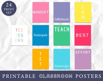 Growth Mindset Classroom Art Prints, Student Power Words, Educational Bulletin Board Posters, Bright Classroom Decor, Instant Download