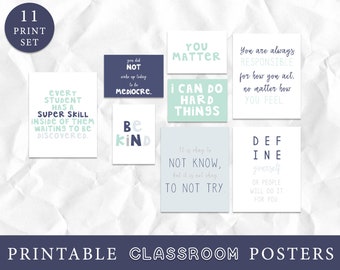 Inspirational Art Prints, Mint and Navy Classroom Decor, Playroom, Motivational Quotes, Art for Teachers, Instant Download, Growth Mindset