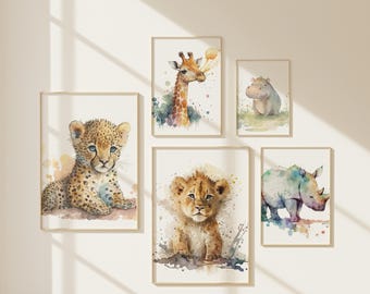 Safari Animals Watercolor Nursery Art Prints, Gender Neutral Baby Nursery, Set of 5 Animal Wall Art, Digital Download