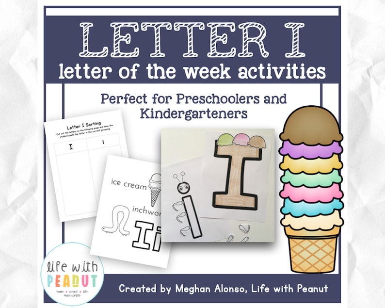 May include: A printable set of educational activities for preschoolers and kindergarteners focused on the letter "I". The activities include a letter sorting worksheet, a coloring page with the letter "I" and an ice cream cone, and a worksheet with the letter "I" and the words "ice cream" and "inchworm".