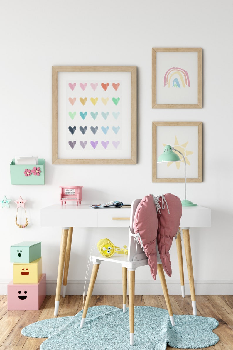 Rainbow Hearts, Watercolor Art Print, Rainbow Nursery Art, Kids Wall Art, Pastel Rainbow Bedroom, Rainbow Art Print, Instant Download image 2