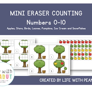 Può includere: Un foglio di lavoro stampabile per i bambini per esercitarsi a contare da 0 a 10. Il foglio di lavoro presenta un albero con mele, un cestino e una linea numerica. Il testo "MINI ERASER COUNTING Numbers 0-10 Apples, Stars, Birds, Leaves, Pumpkins, Ice Cream and Snowflakes" è in cima alla pagina. Il testo "CREATED BY LIFE WITH PEANUT" è in fondo alla pagina.