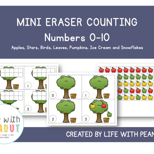 Mini Eraser and Ten Frame Counting Cards, Preschool Curriculum, Homeschool and Tot School, Math Printables, Math Centers, Kindergarten