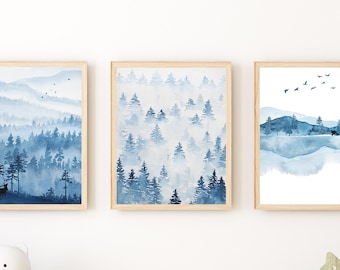 Watercolor Mountain Wall Art Prints, Blue Mountains, Forest Watercolor, Instant Download, Nursery Art, Home, Bathroom Decor, Deer and Bear
