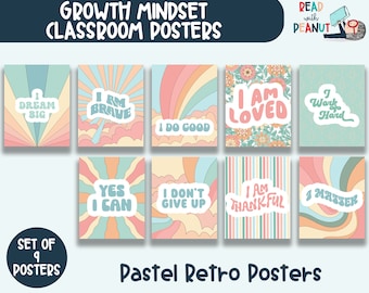 Pastel Retro Growth Mindset Posters for Classroom, Homeschool Room, Home Office, I Can Posters, I Am Art Prints