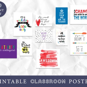 Puede incluir: Diez carteles imprimibles para el aula con citas inspiradoras. Los carteles presentan fondos y tipograf&iacute;a coloridos. Algunas de las citas incluyen "Es un buen d&iacute;a para tener un buen d&iacute;a", "S&eacute; el cambio que quieres ver en el mundo", "Haz m&aacute;s de lo que te hace feliz", "Todos los ni&ntilde;os nacen artistas" y "Si puedes so&ntilde;arlo, puedes hacerlo".