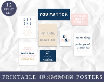 Teacher Classroom Art Prints, Growth Mindset Posters, Classroom Posters, Navy Classroom Decor, Navy and Pink Art, Inspirational Quotes