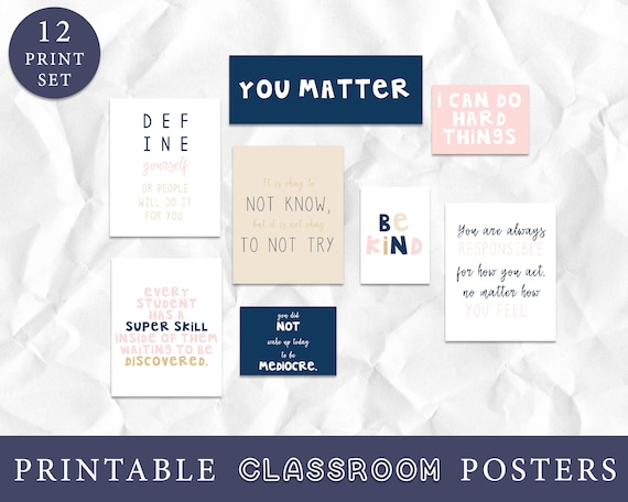 Teacher Classroom Art Prints, Growth Mindset Posters, Classroom Posters, Navy Classroom Decor, Navy and Pink Art, Inspirational Quotes