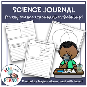 Peut inclure: Pages de journal scientifique imprimables en noir et blanc pour les enfants. Les pages comprennent des sections pour les observations, les questions et un diagramme de Venn. Le texte "SCIENCE JOURNAL" est en haut de la page. Le texte "pour toute expérience scientifique ou sortie sur le terrain !" est sous le titre. Une illustration de dessin animé d'un enfant avec une loupe est sur la page.