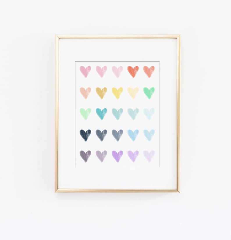 Rainbow Hearts, Watercolor Art Print, Rainbow Nursery Art, Kids Wall Art, Pastel Rainbow Bedroom, Rainbow Art Print, Instant Download image 1